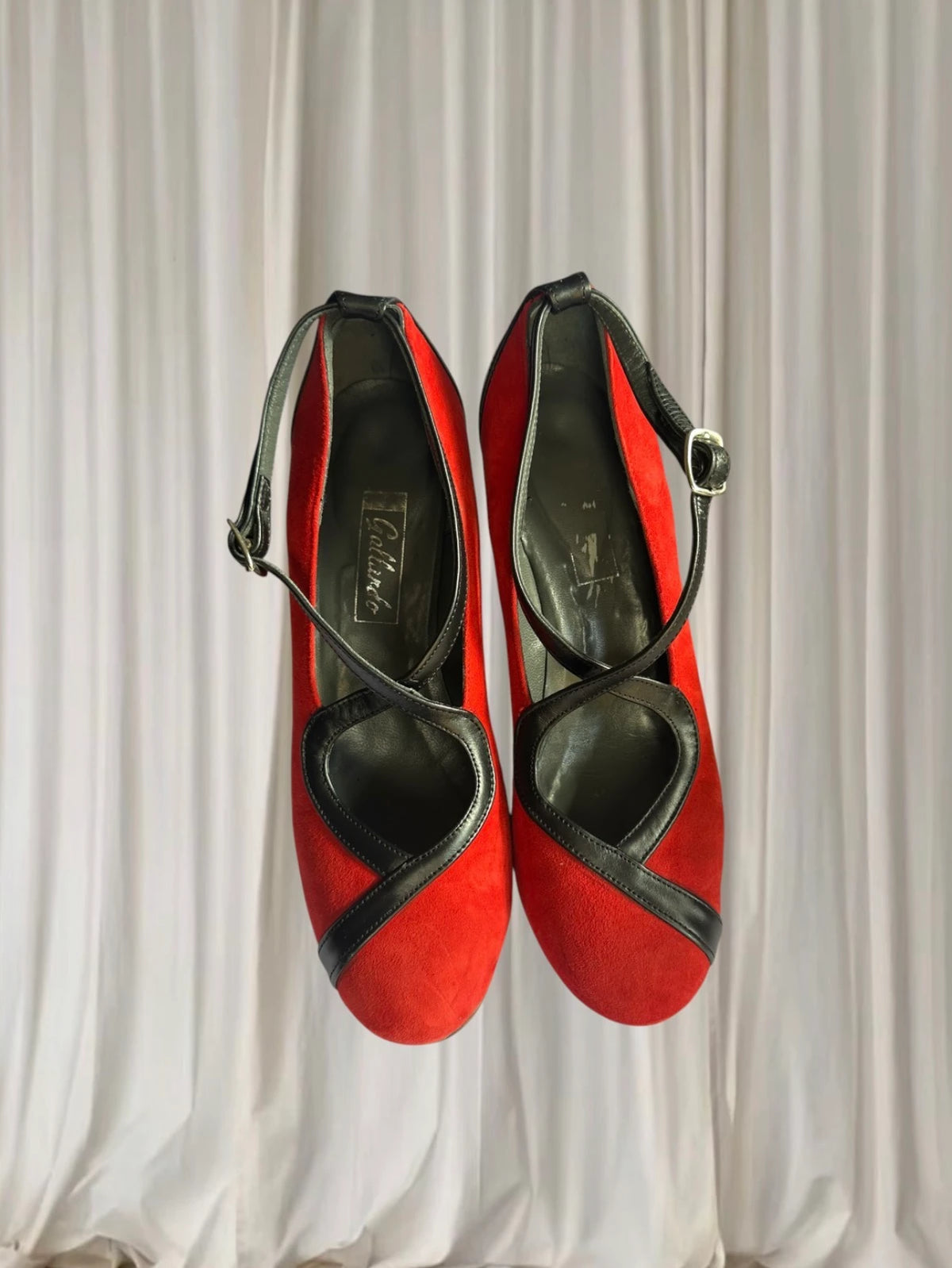 Gallardo Flamenco Dance Shoes - Red Suede and Black Leather T-Strap Heels - Image 5