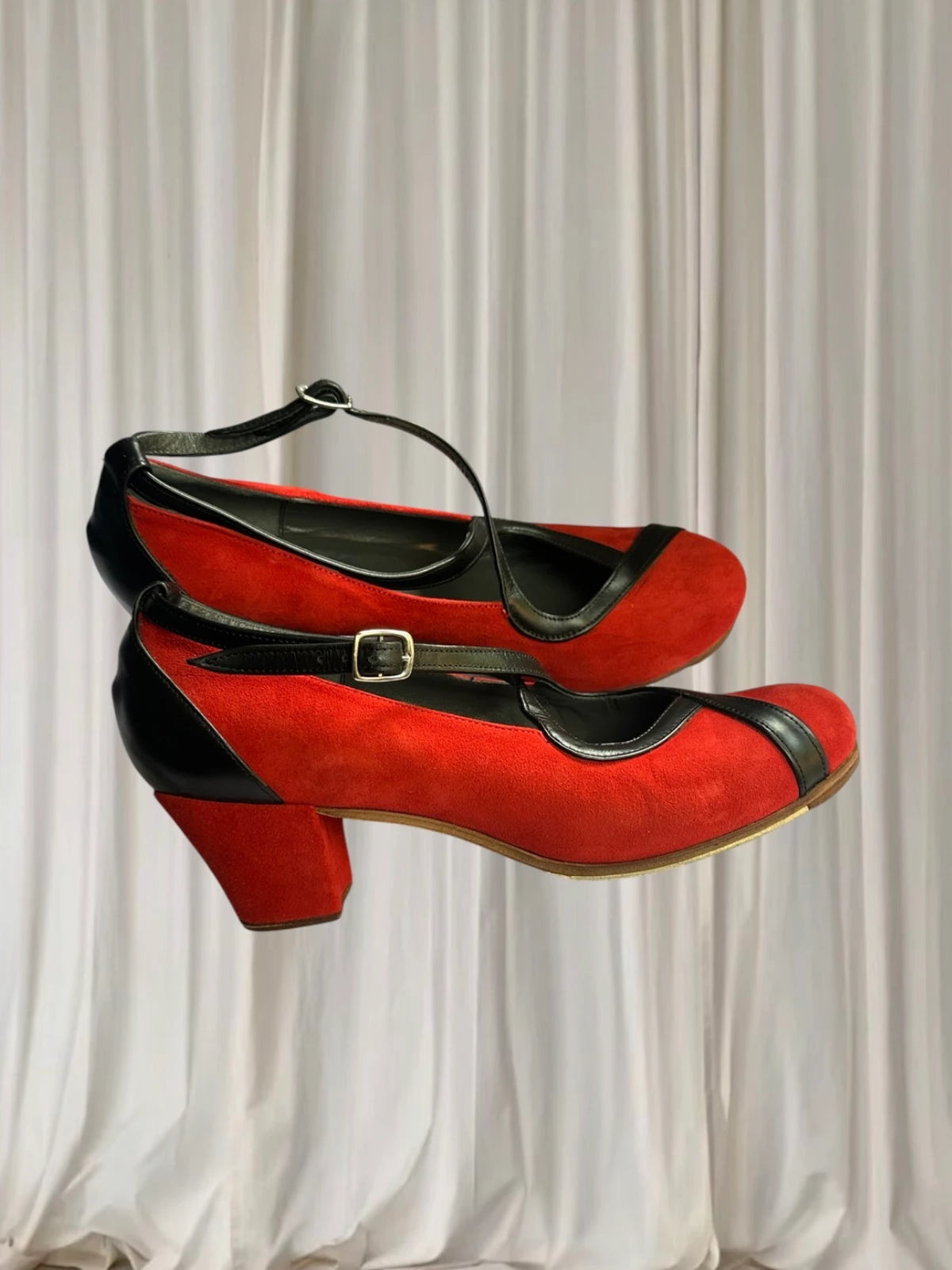 Gallardo Flamenco Dance Shoes - Red Suede and Black Leather T-Strap Heels - Image 1