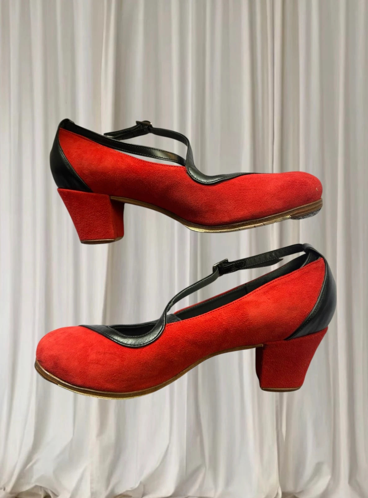 Gallardo Flamenco Dance Shoes - Red Suede and Black Leather T-Strap Heels - Image 4