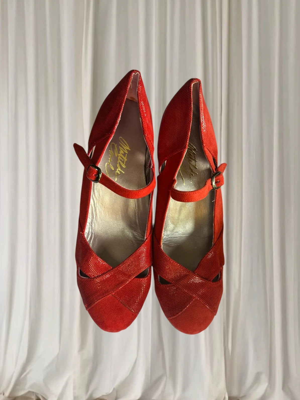 Vintage Collection Flamenco Dance Heels - Authentic Spanish Flamenco Textured Red - Image 6