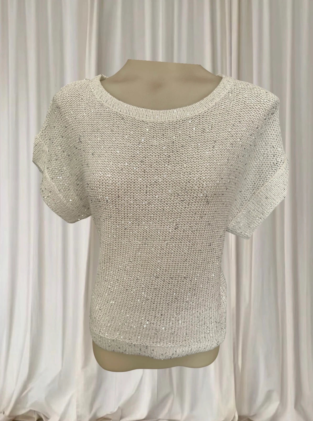 Vintage Y2K Knit Sequin Sweater - White Speckled Short Sleeve With Shimmer Detail - Image 2
