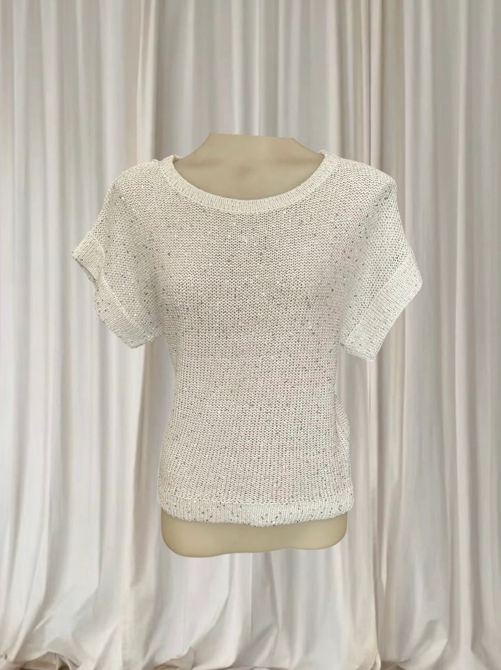 Vintage Y2K Knit Sequin Sweater - White Speckled Short Sleeve With Shimmer Detail - Image 1