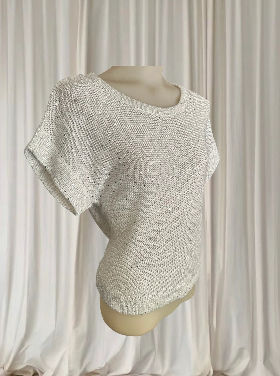 Vintage Y2K Knit Sequin Sweater - White Speckled Short Sleeve With Shimmer Detail - Image 3