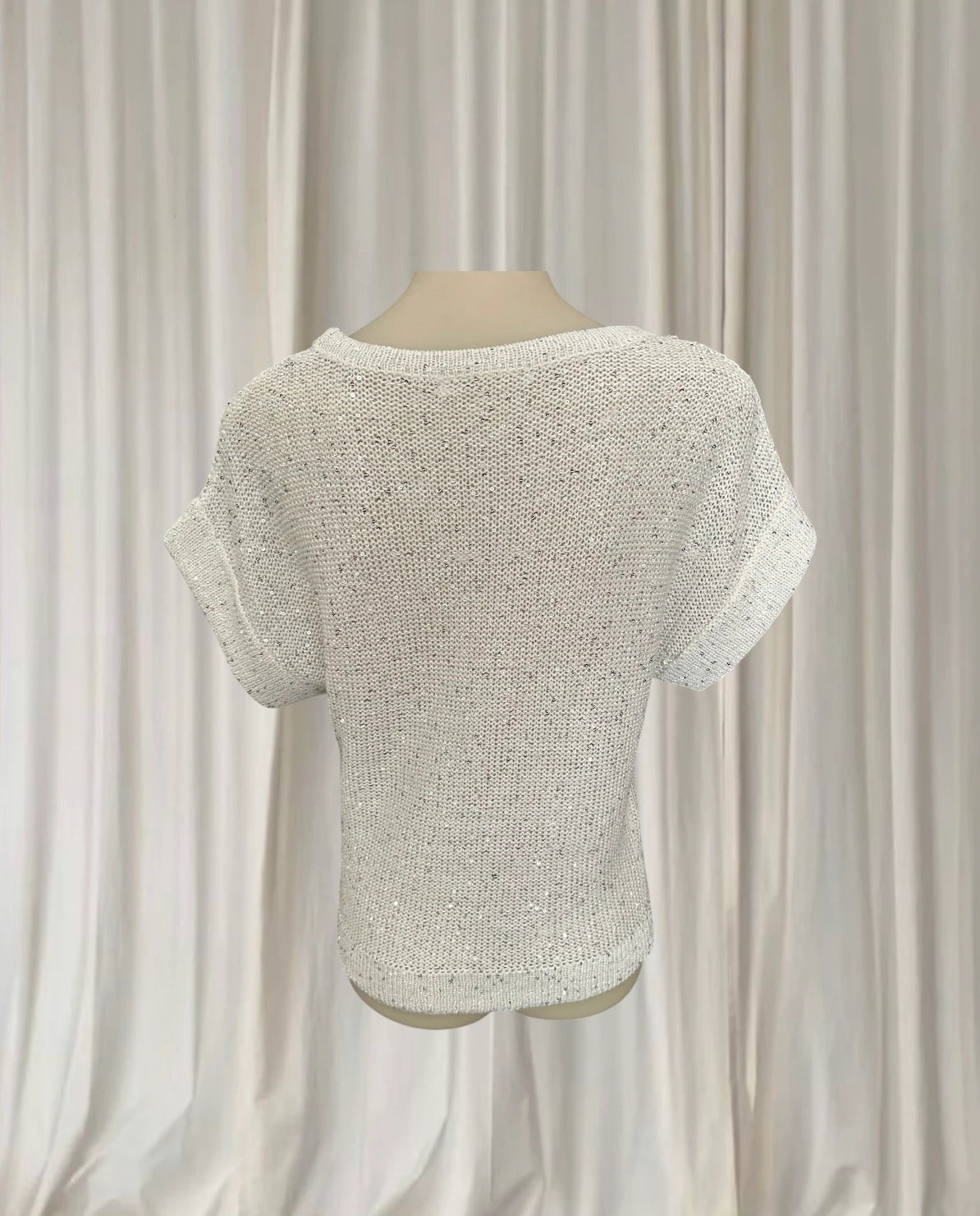 Vintage Y2K Knit Sequin Sweater - White Speckled Short Sleeve With Shimmer Detail - Image 5