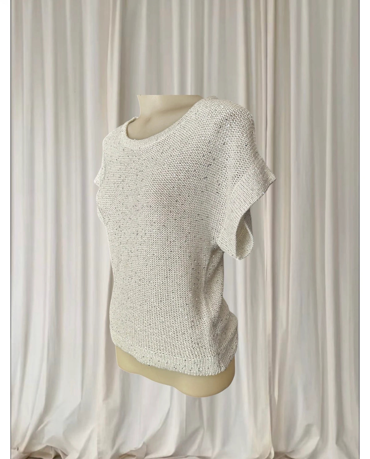 Vintage Y2K Knit Sequin Sweater - White Speckled Short Sleeve With Shimmer Detail - Image 4