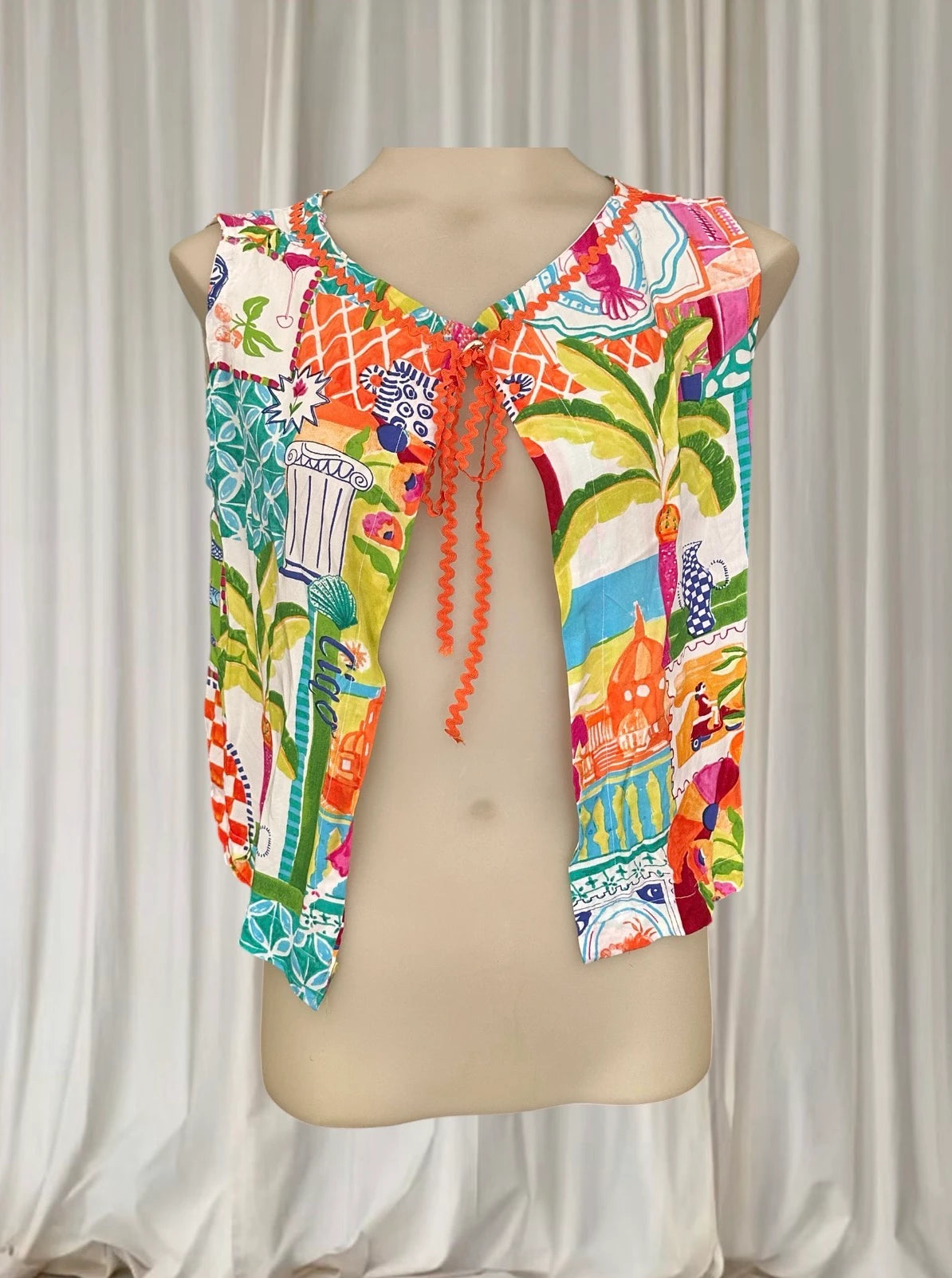 Sleeveless Bolero Shrug - Mediterranean Floral Tie-Front - Image 2
