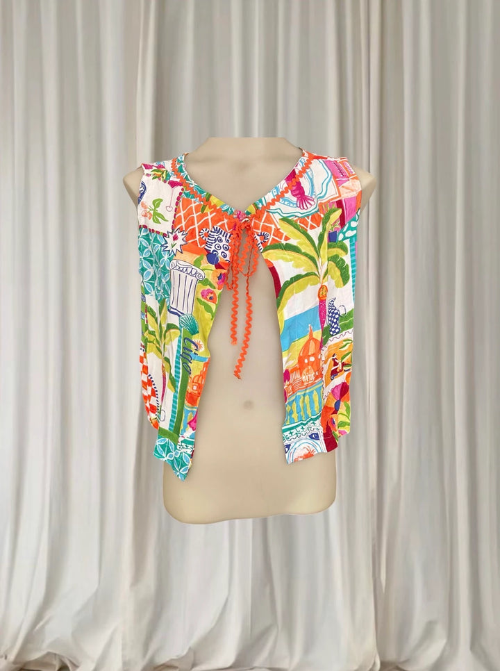 Sleeveless Bolero Shrug - Mediterranean Floral Tie-Front - Image 1