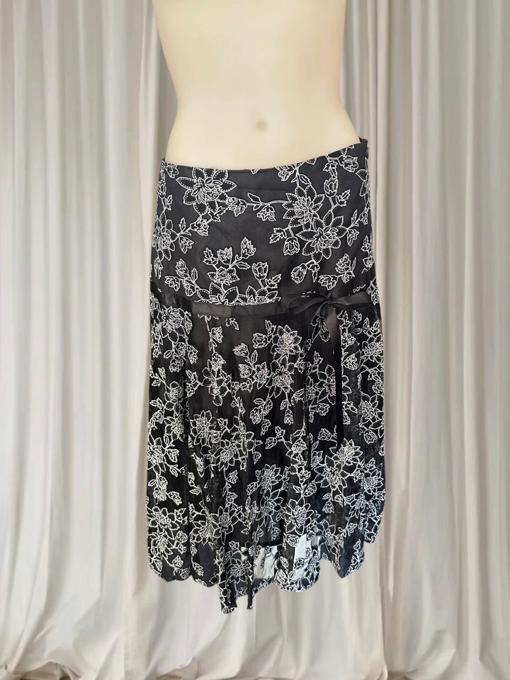 Millers Floral Embroidered Midi Skirt - Elegant Black And White Ribbon Detail - Image 1