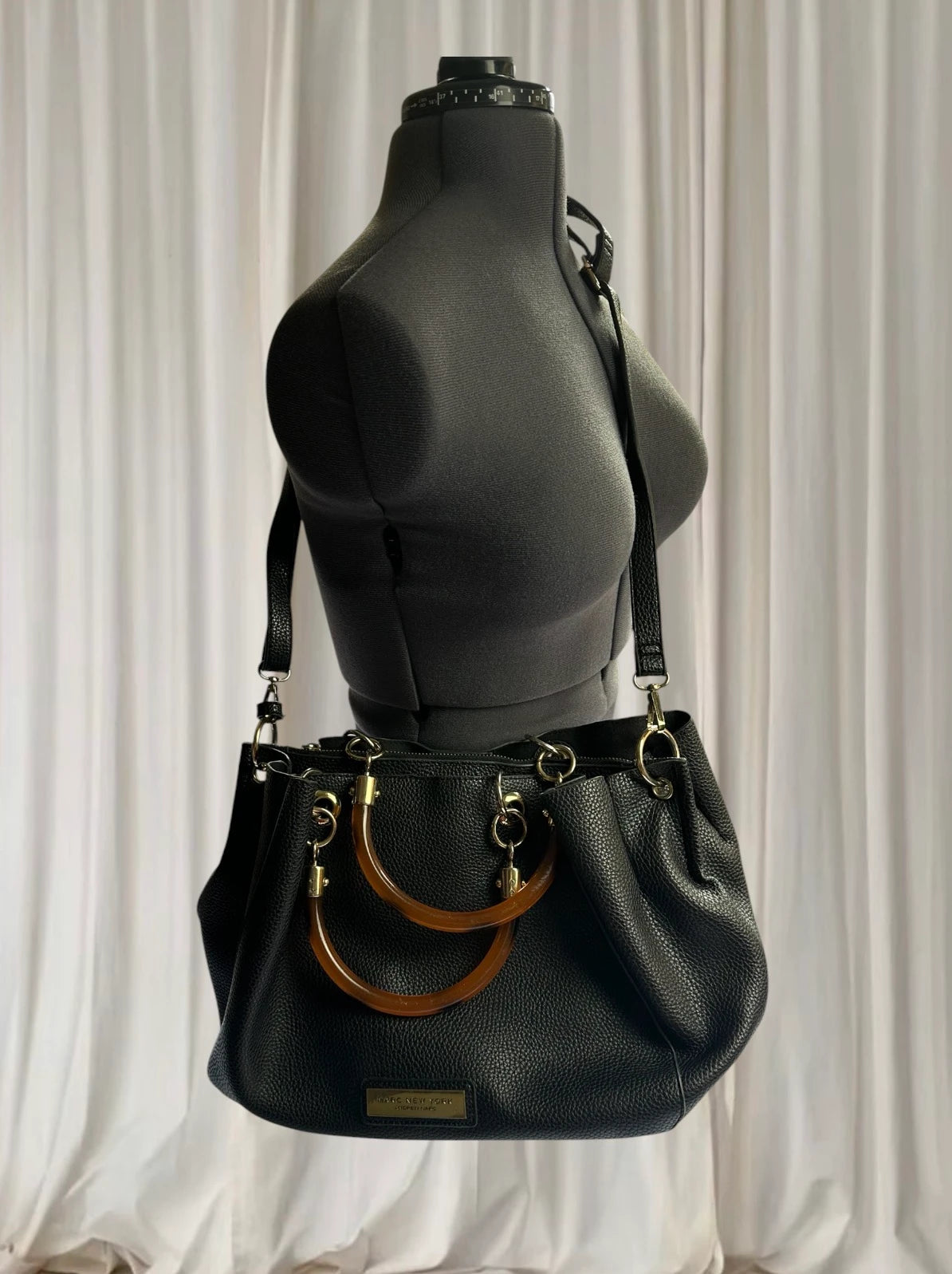 Andrew Marc Black Pebbled Faux Leather Handbag With Wooden Handles - Image 2