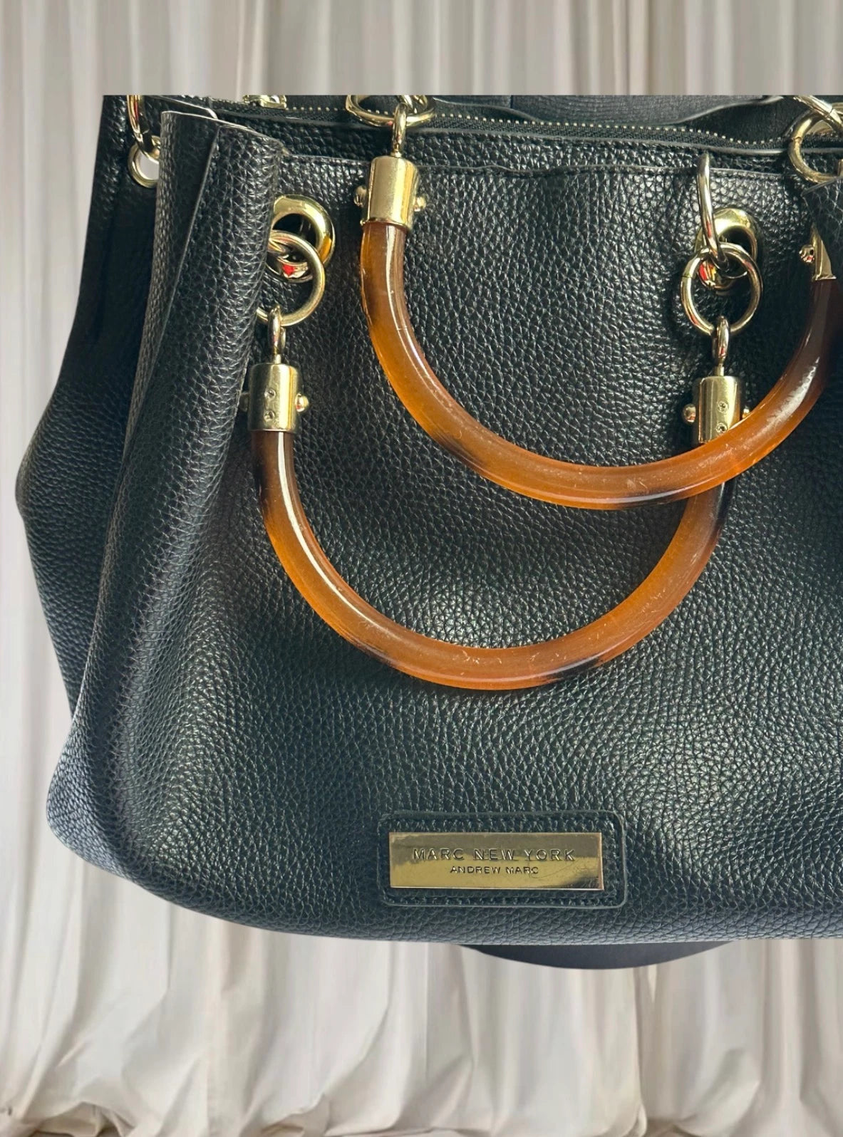 Andrew Marc Black Pebbled Faux Leather Handbag With Wooden Handles - Image 3