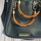 Andrew Marc Black Pebbled Faux Leather Handbag With Wooden Handles - Image 3