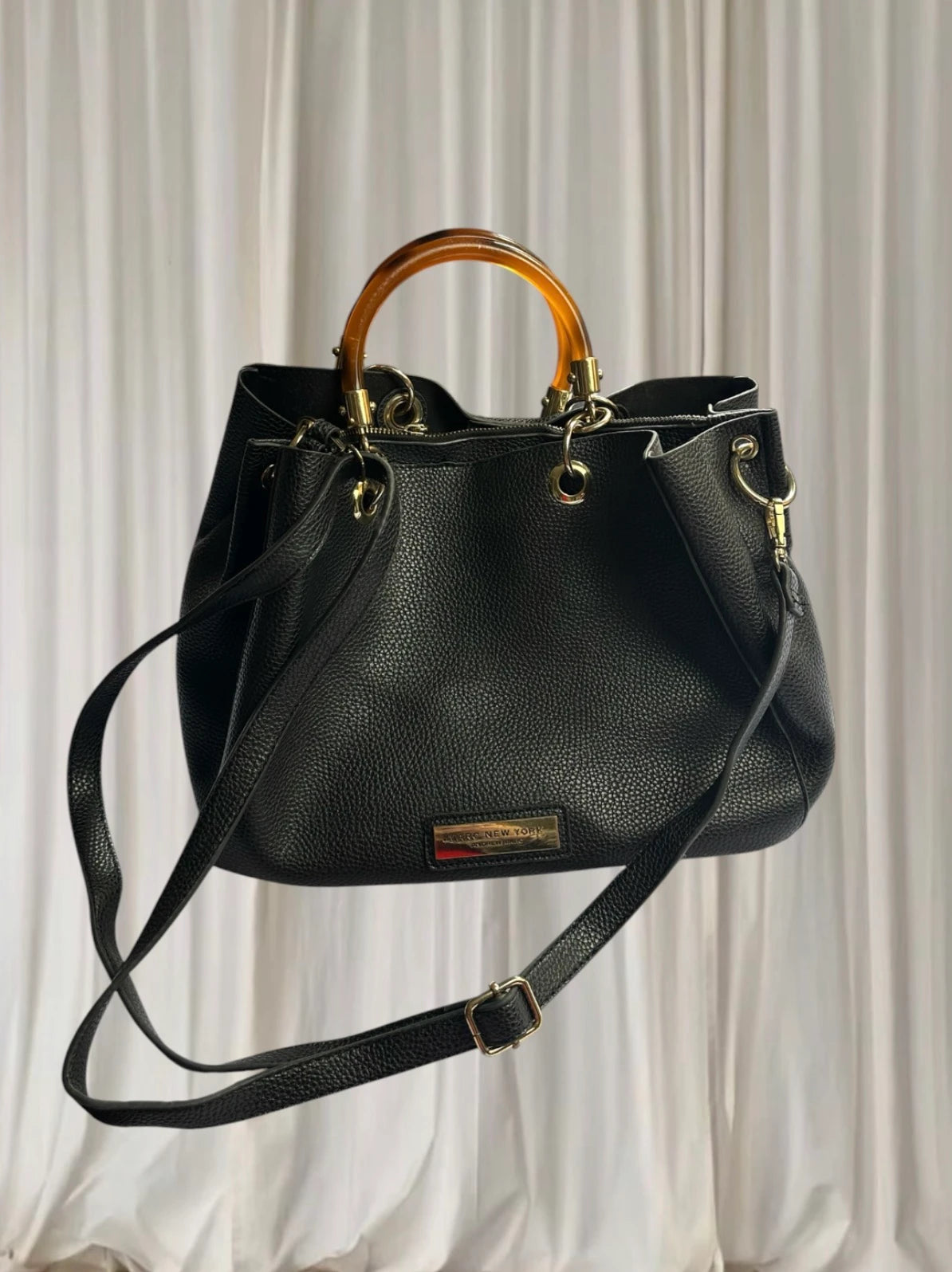 Andrew Marc Black Pebbled Faux Leather Handbag With Wooden Handles - Image 1
