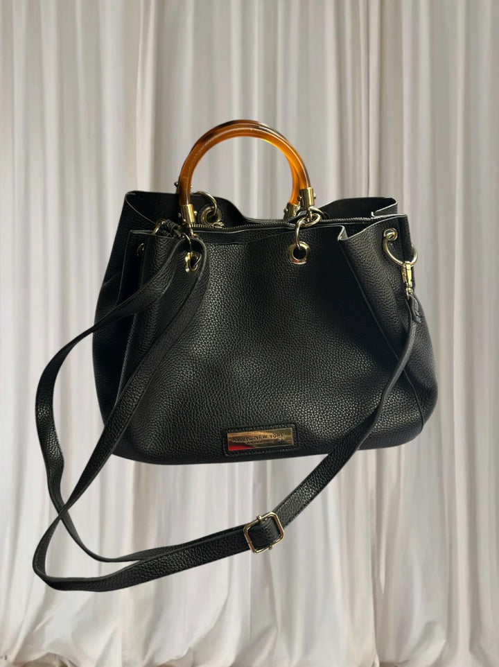 Andrew Marc Black Pebbled Faux Leather Handbag With Wooden Handles - Image 1