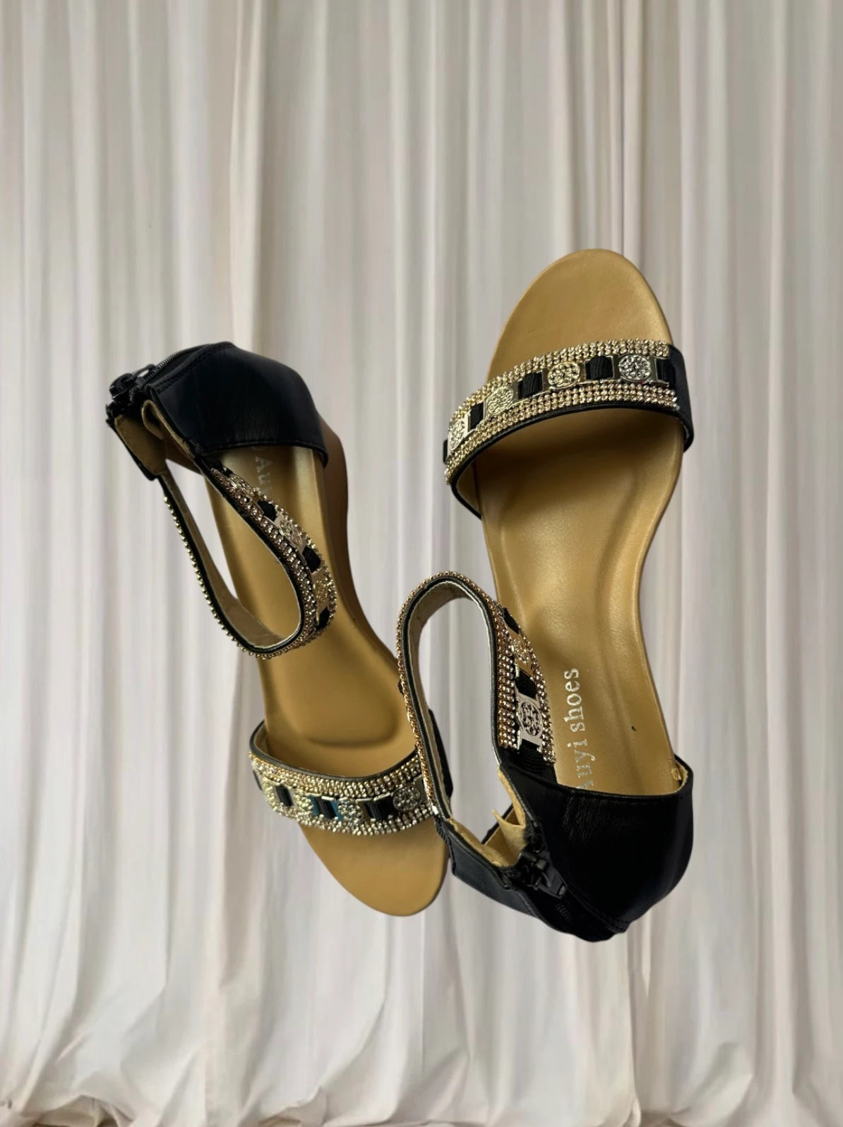 Auyi Rhinestone Ankle Strap Sandals - Elegant Black Evening Heels - Image 4