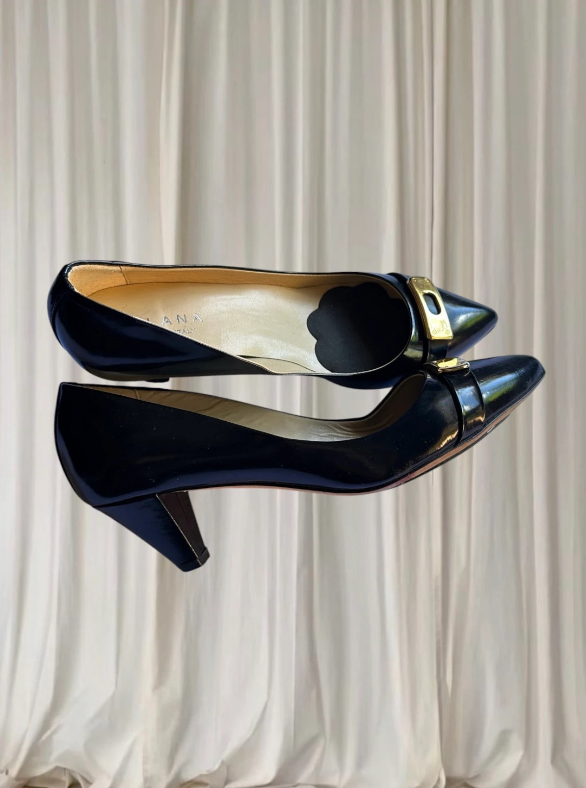 Milana Kitten Heel Pumps - Black Patent Leather With Gold Buckle - Image 2