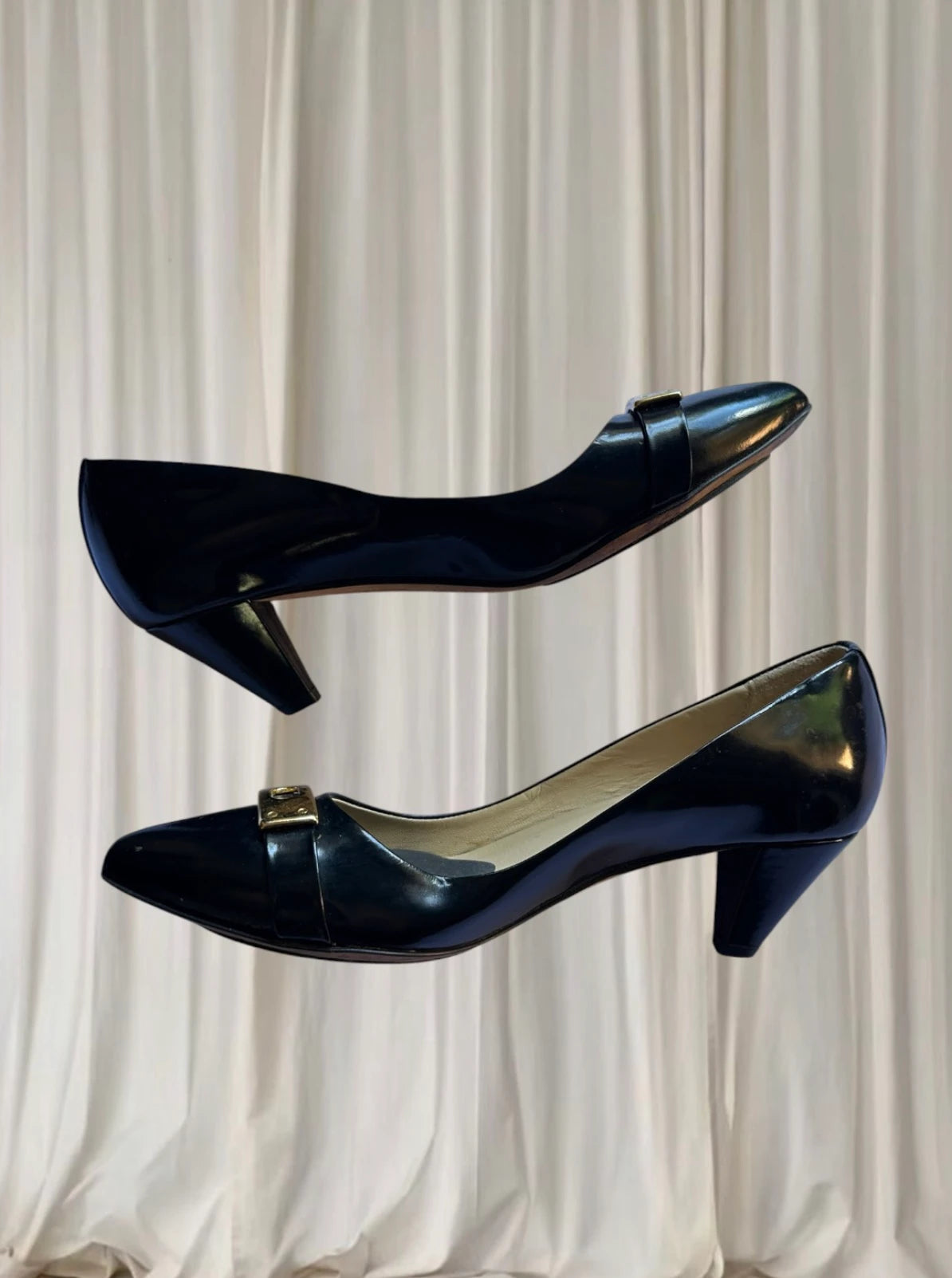 Milana Kitten Heel Pumps - Black Patent Leather With Gold Buckle - Image 6