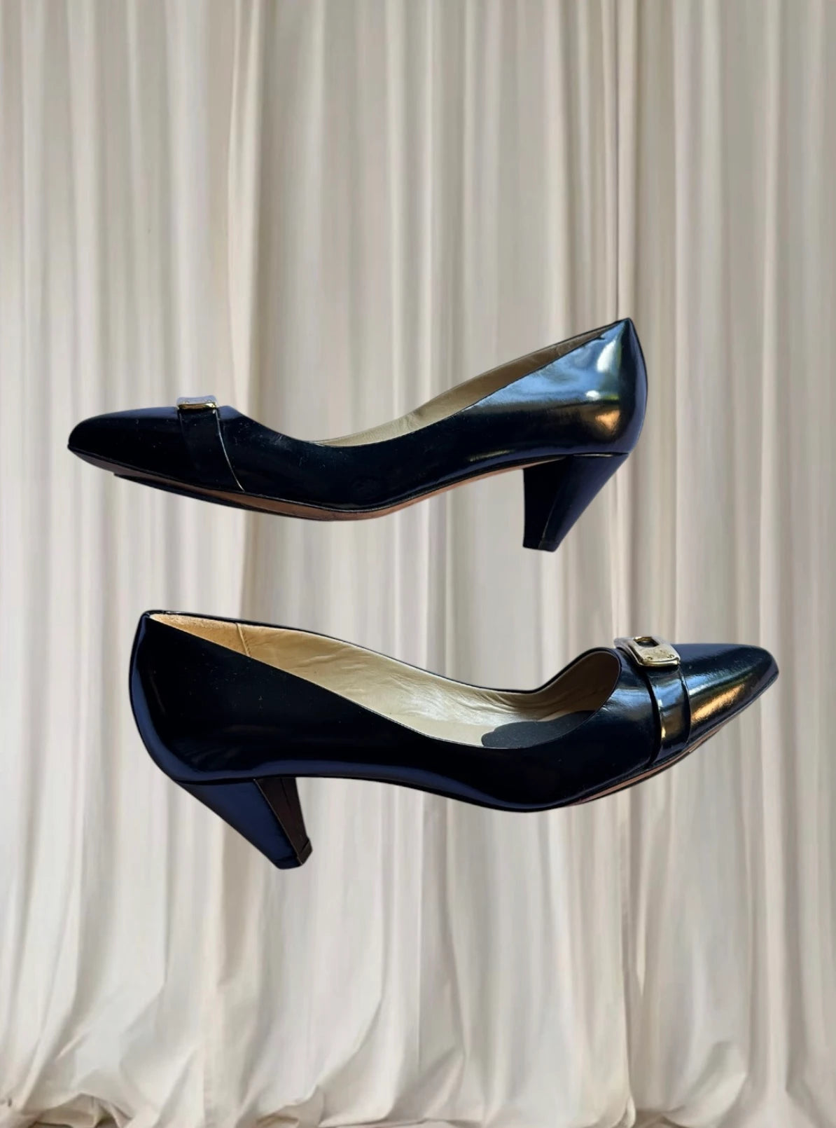 Milana Kitten Heel Pumps - Black Patent Leather With Gold Buckle - Image 7