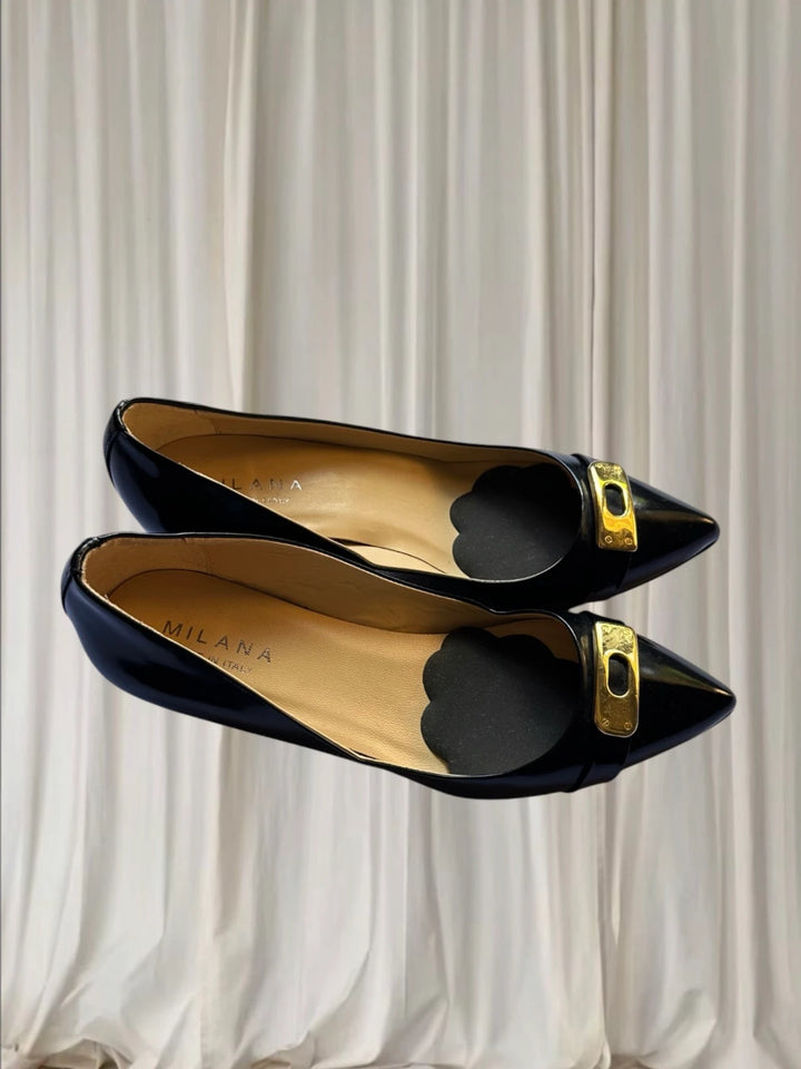 Milana Kitten Heel Pumps - Black Patent Leather With Gold Buckle - Image 1