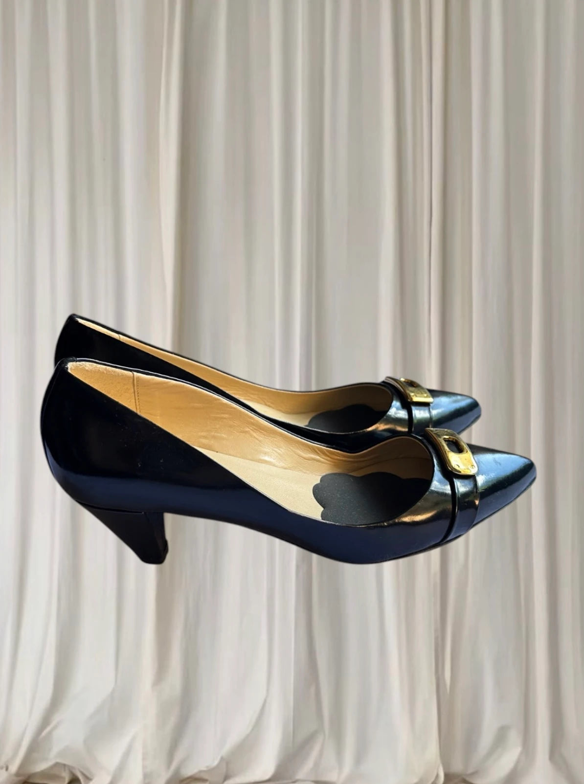 Milana Kitten Heel Pumps - Black Patent Leather With Gold Buckle - Image 3