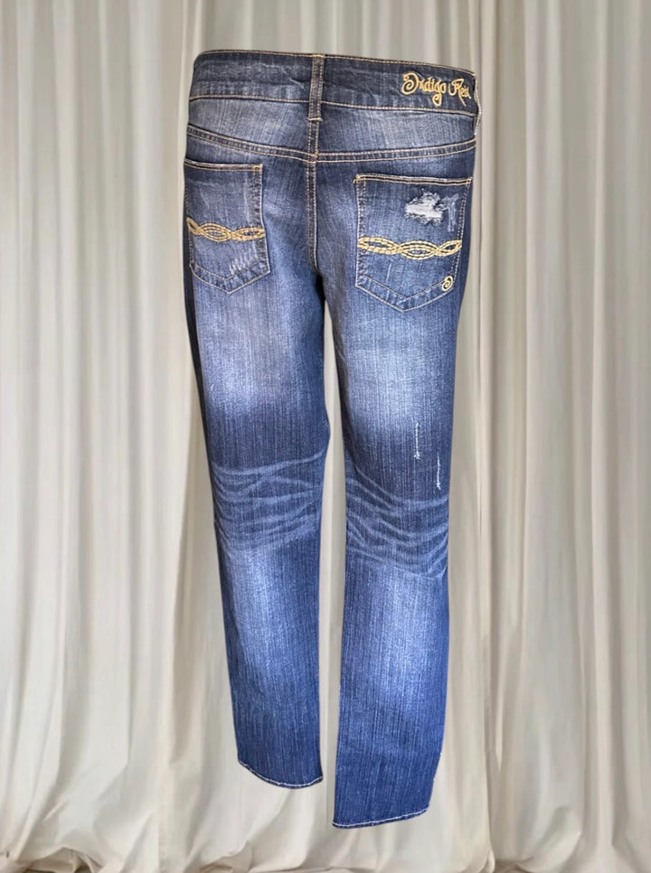 Indigo Rein Women's Distressed Embroidered Back Pocket Jeans - Blue Denim - Image 1