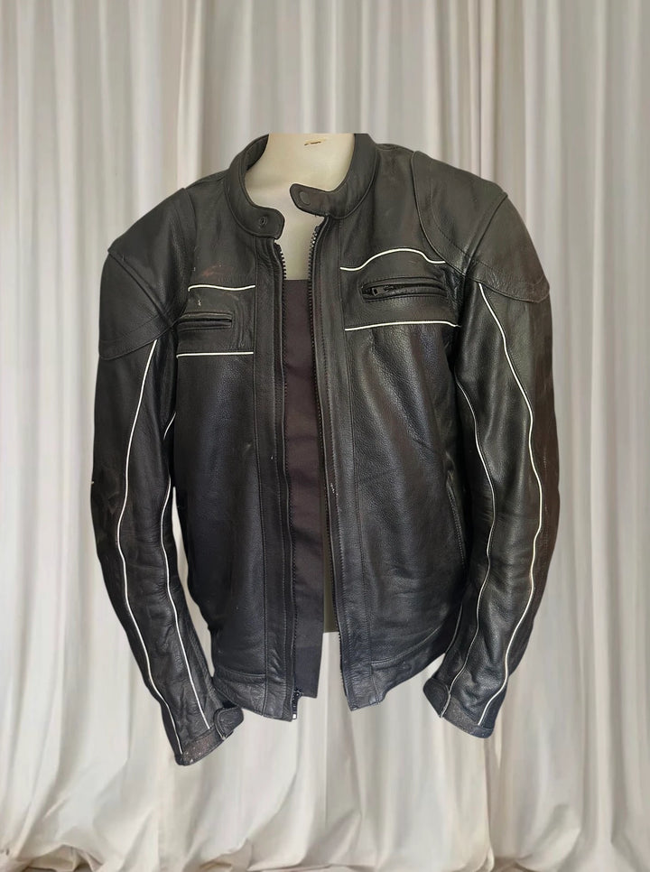 Torque Men's Leather Motorcycle Jacket - Black With White Piping - Image 1