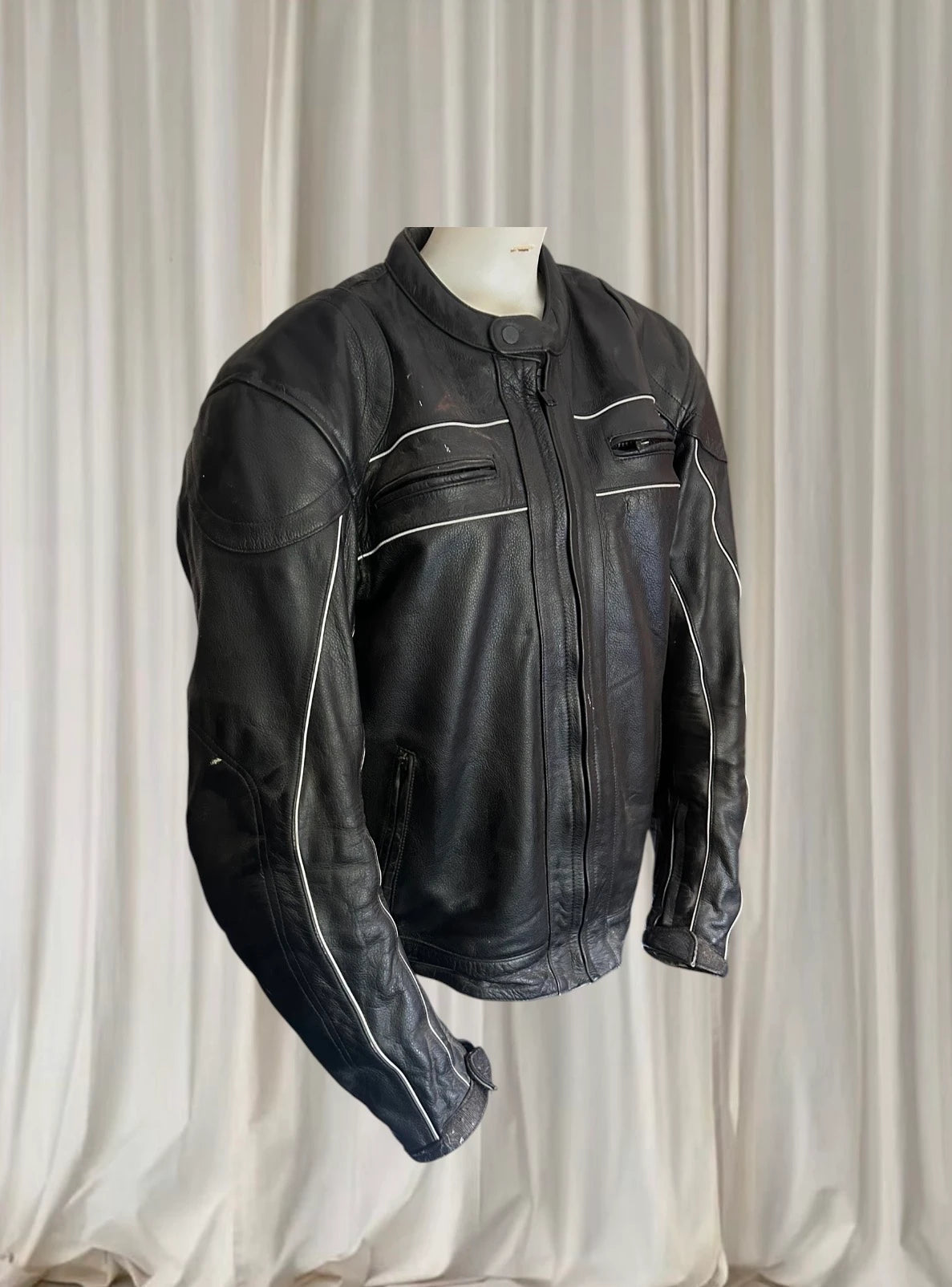 Torque Men's Leather Motorcycle Jacket - Black With White Piping - Image 2