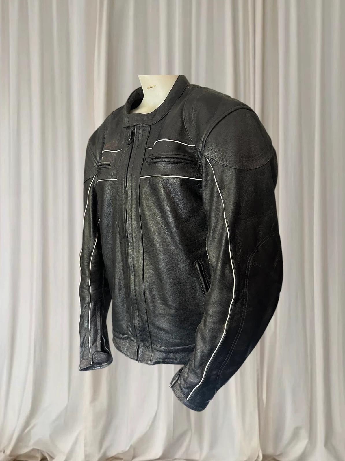 Torque Men's Leather Motorcycle Jacket - Black With White Piping - Image 3