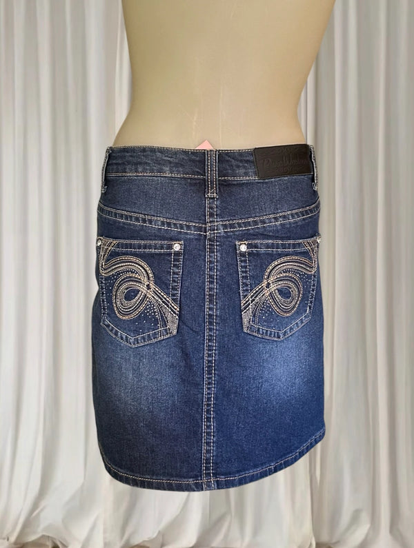 Pure Western Denim Mini Skirt - Dark Wash With Signature Embroidery - Image 1