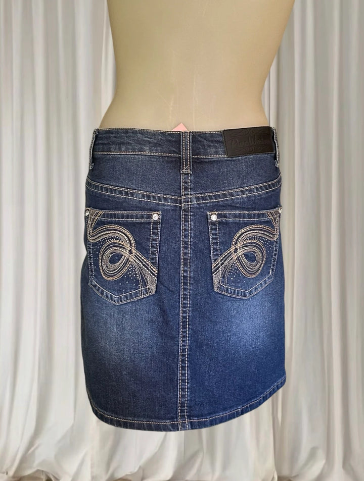 Pure Western Denim Mini Skirt - Dark Wash With Signature Embroidery - Image 1