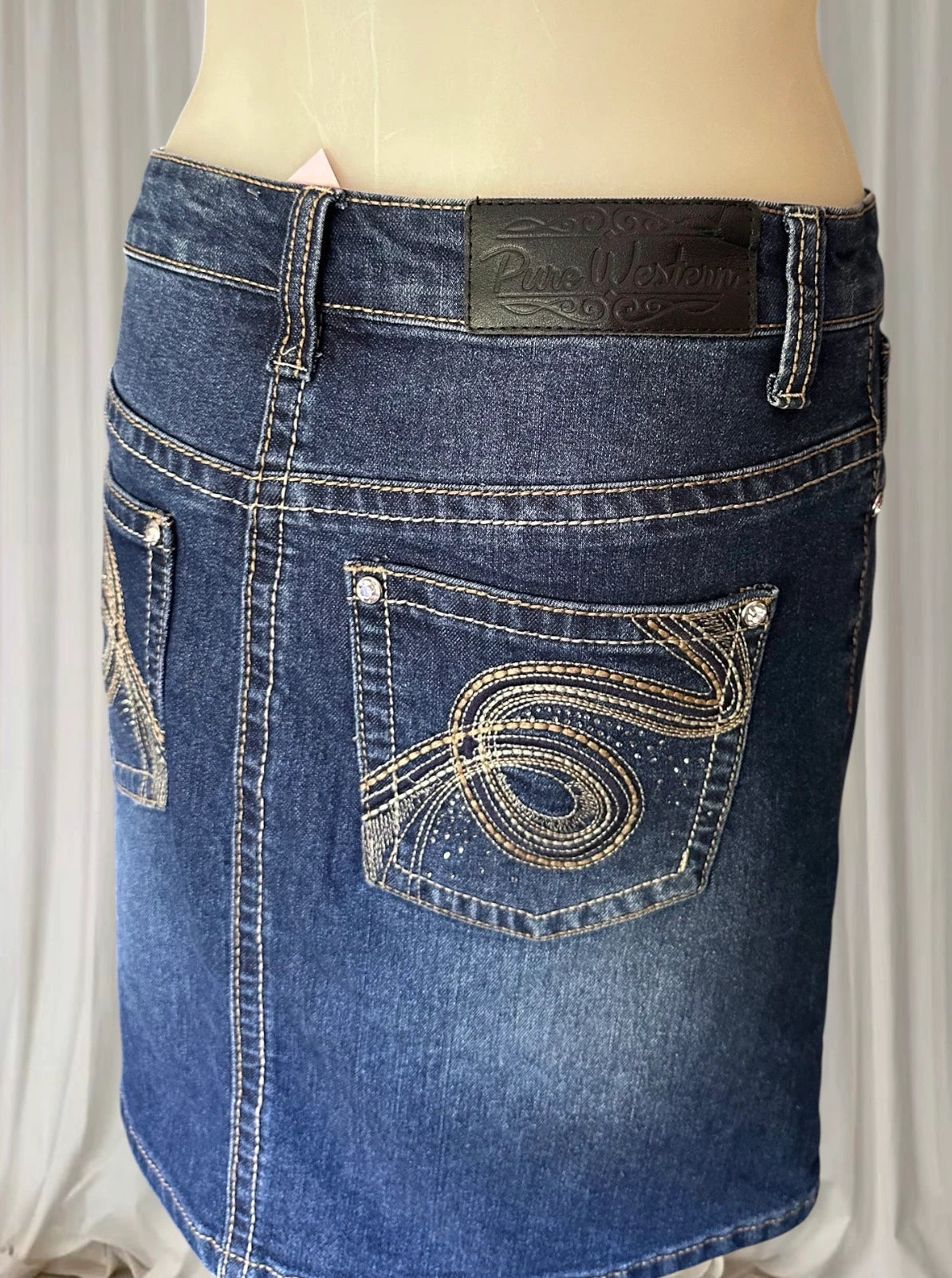 Pure Western Denim Mini Skirt - Dark Wash With Signature Embroidery - Image 4