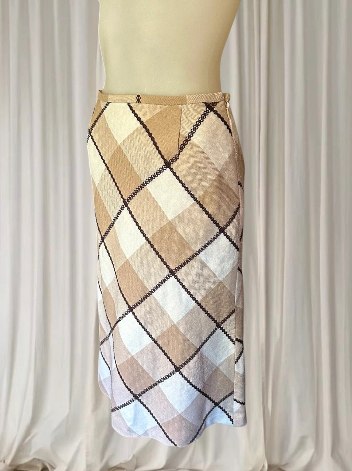 First Revue Japan Plaid Midi Skirt - Beige Check Bias Cut - Image 3