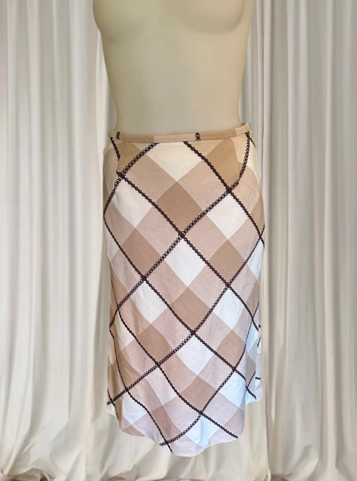 First Revue Japan Plaid Midi Skirt - Beige Check Bias Cut - Image 1