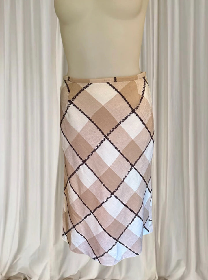 First Revue Japan Plaid Midi Skirt - Beige Check Bias Cut - Image 1