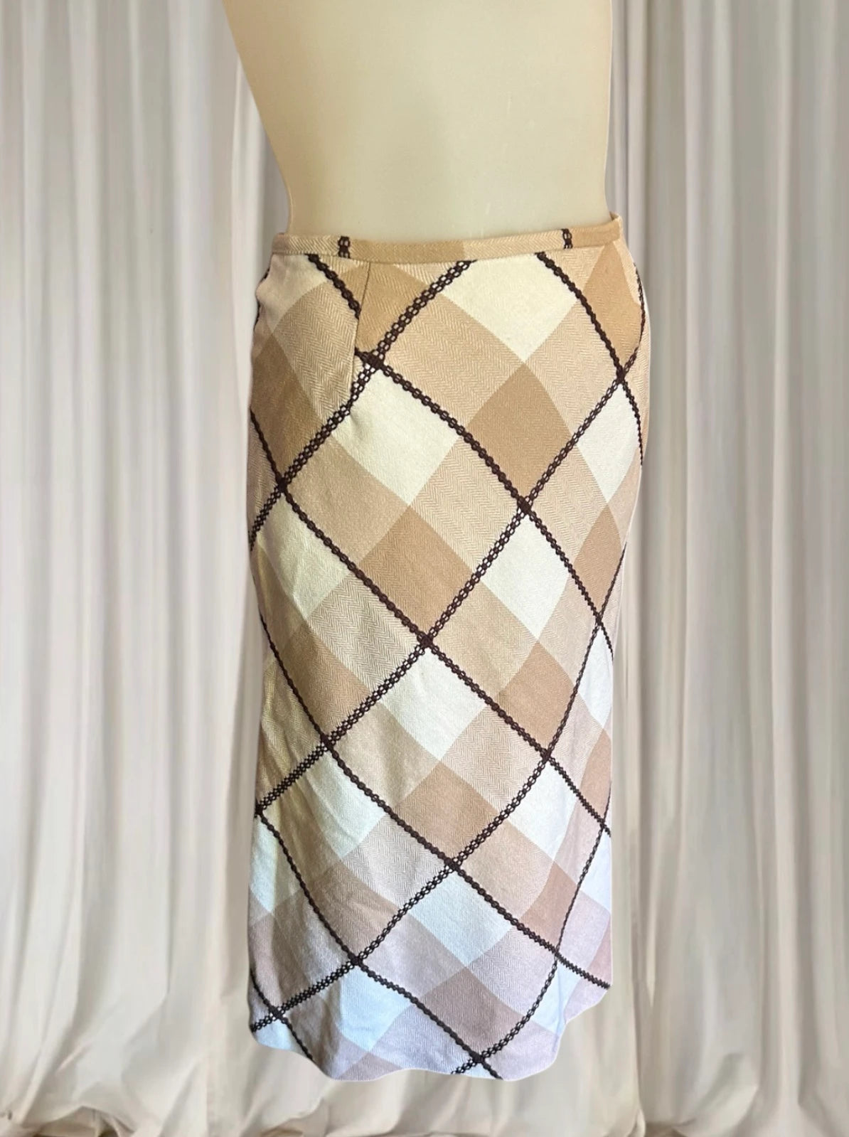 First Revue Japan Plaid Midi Skirt - Beige Check Bias Cut - Image 2