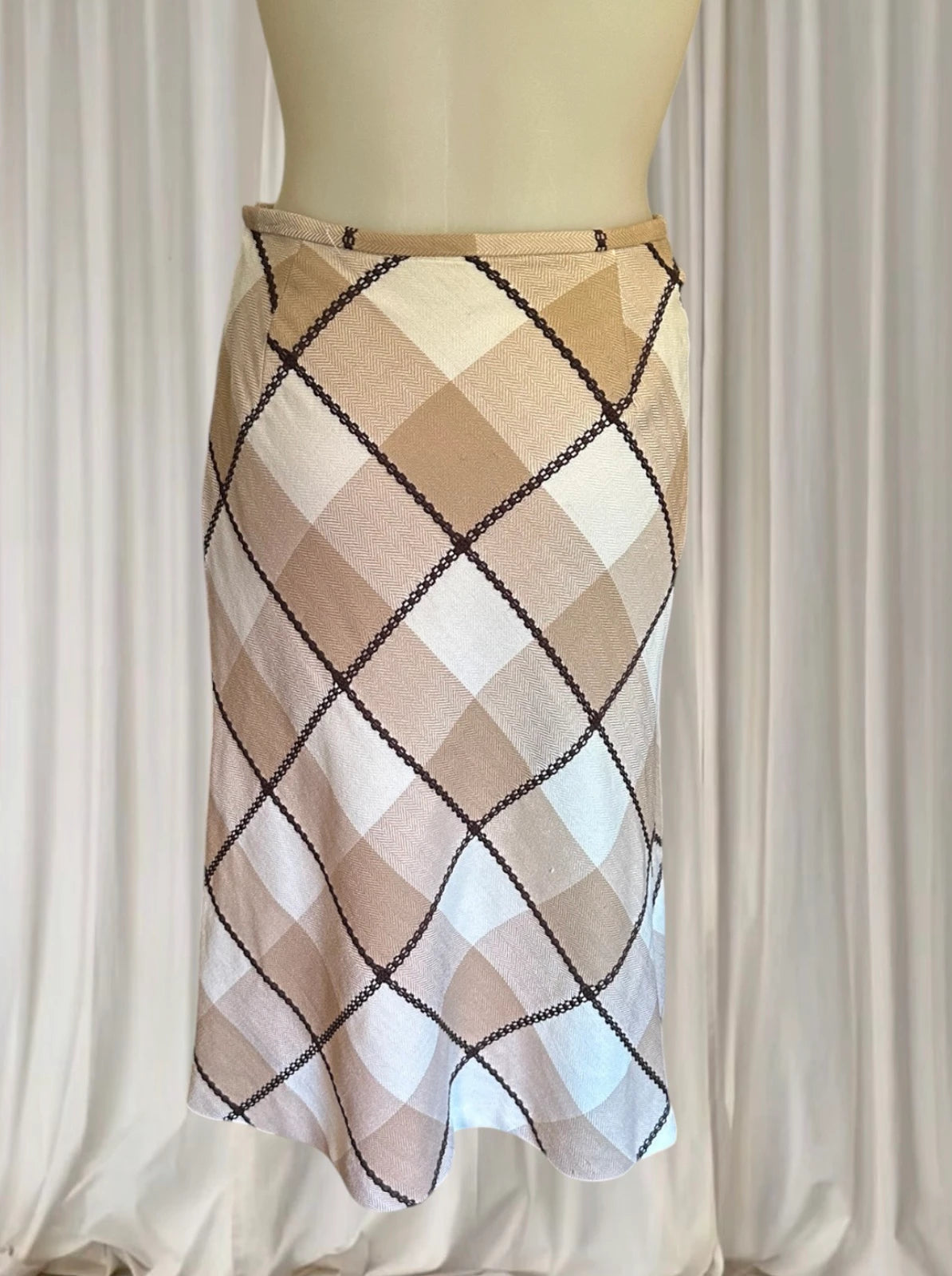 First Revue Japan Plaid Midi Skirt - Beige Check Bias Cut - Image 4