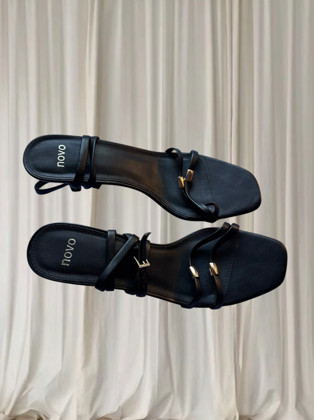 Novo Verone Black Strappy Square Toe Sandals - Gold Hardware - Image 2
