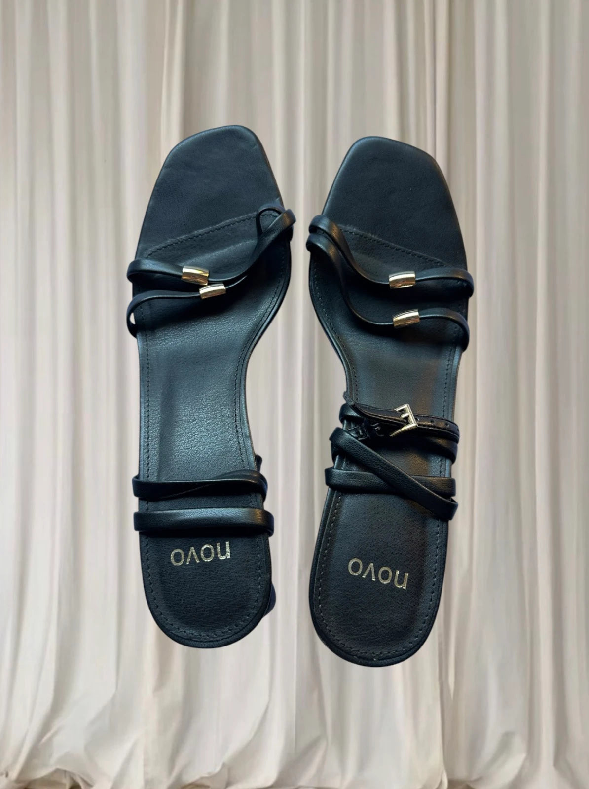 Novo Verone Black Strappy Square Toe Sandals - Gold Hardware - Image 6