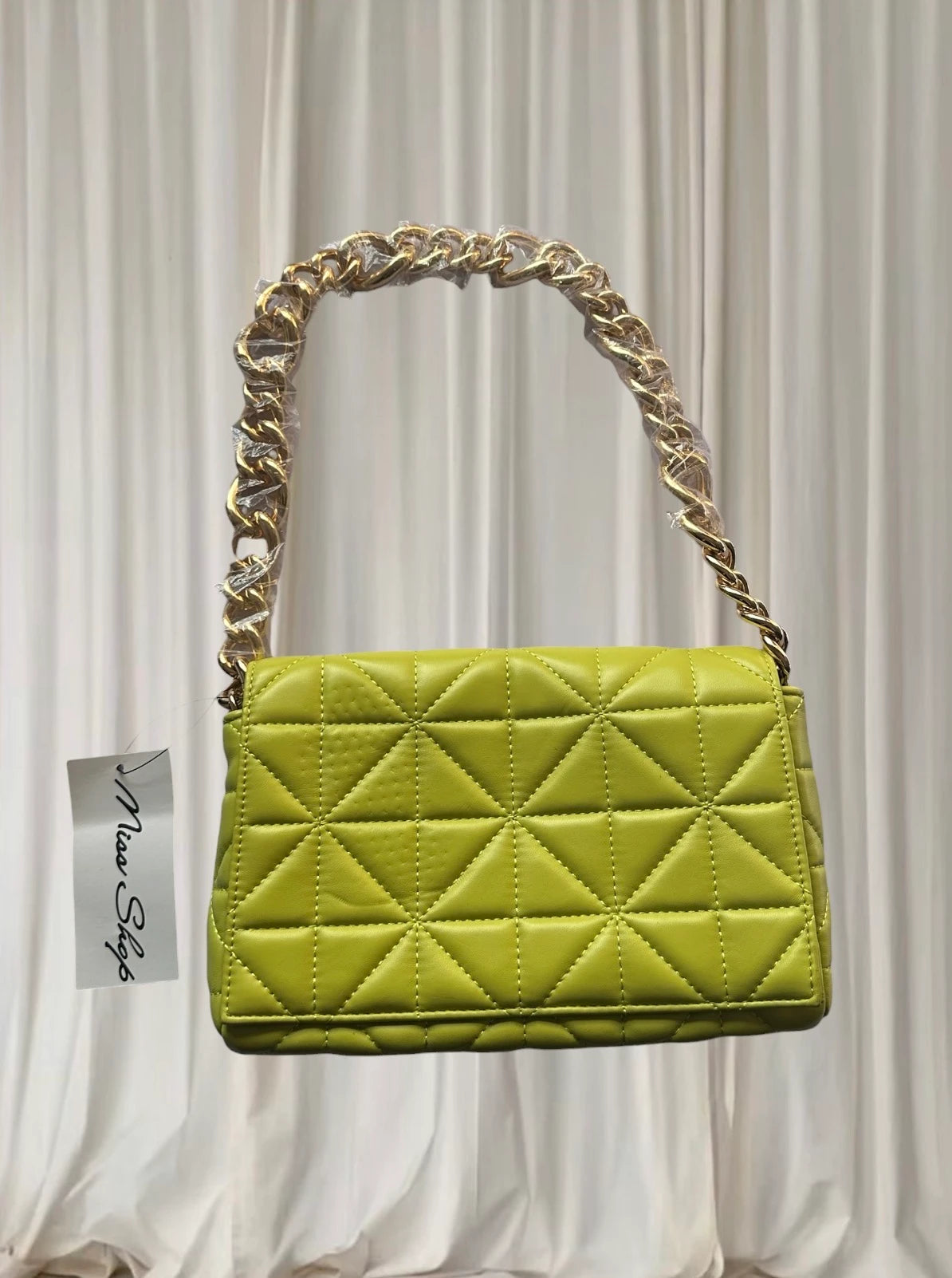 Miss Shop Quilted Shoulder Bag - Lime Green With Chain Strap - Image 3