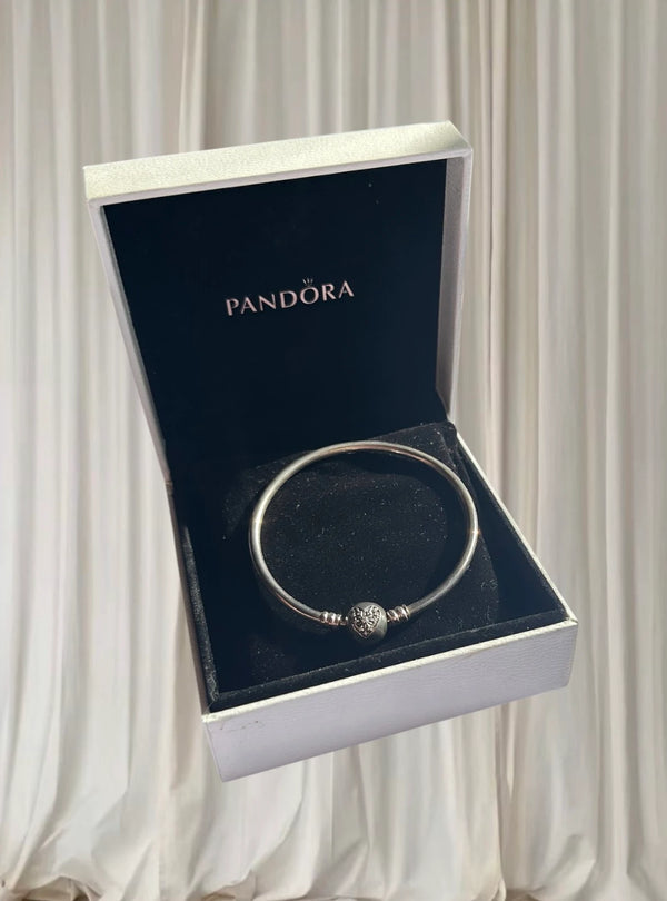 Pandora Moments Silver Bangle - Pavé Heart Clasp Bracelet - Image 1
