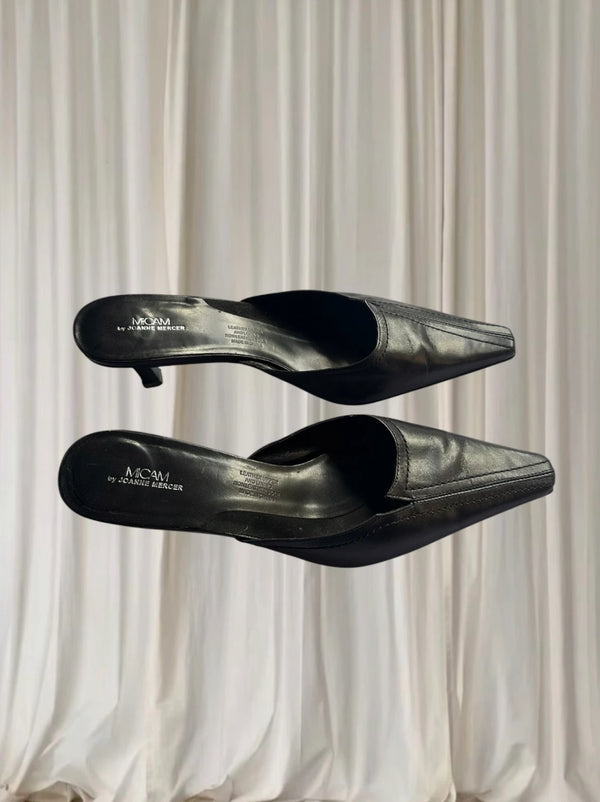 Micam By Joanne Mercer Black Leather Pointed Toe Kitten Heel Mules - Image 1