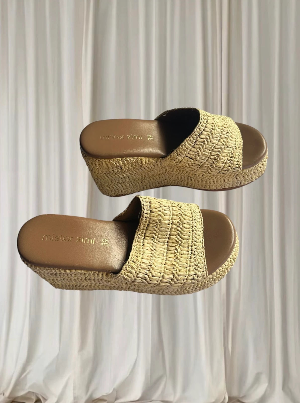 Mister Zimi Woven Raffia Platform Slides - Comfortable Beige Wedge Sandals 39 - Image 3