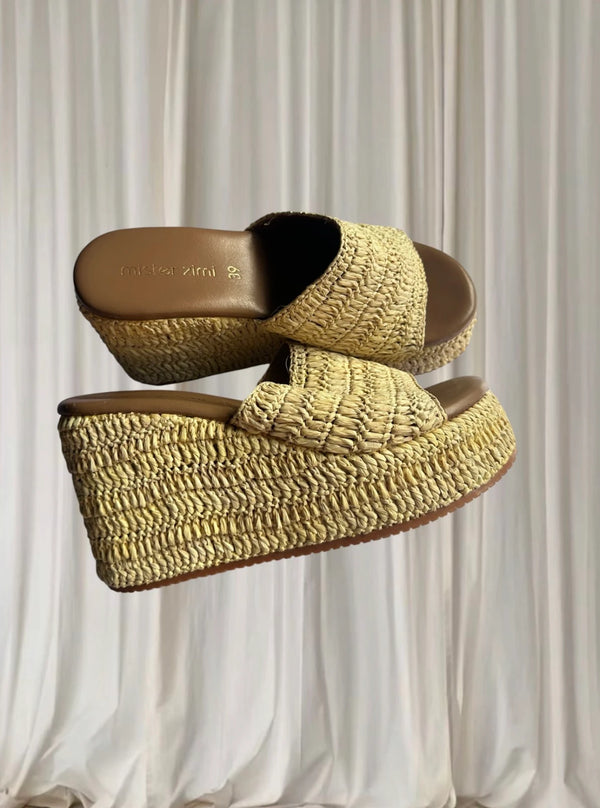 Mister Zimi Woven Raffia Platform Slides - Comfortable Beige Wedge Sandals 39 - Image 1