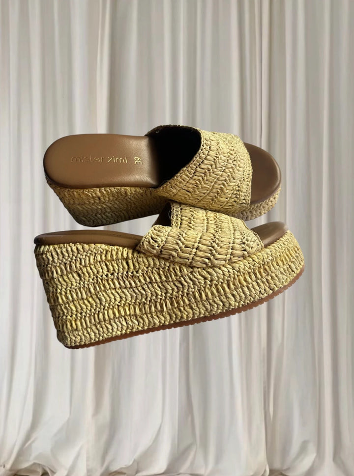 Mister Zimi Woven Raffia Platform Slides - Comfortable Beige Wedge Sandals 39 - Image 1