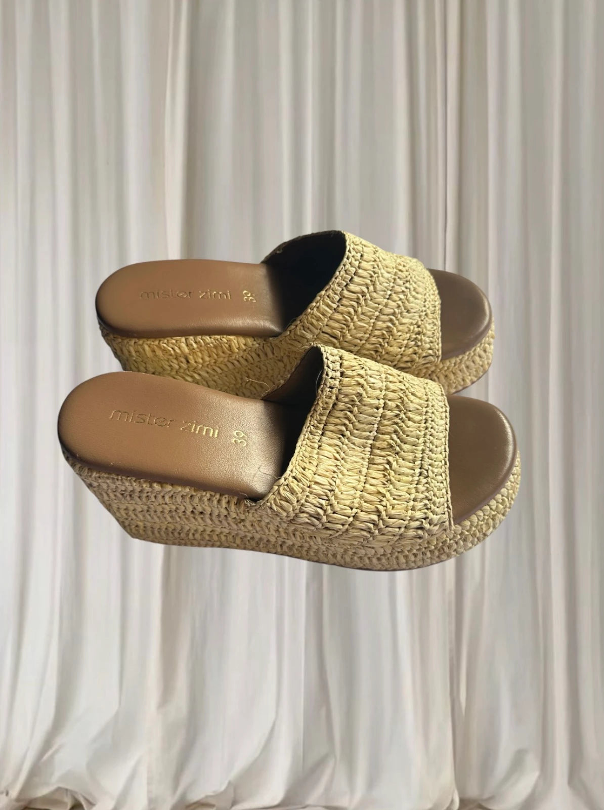 Mister Zimi Woven Raffia Platform Slides - Comfortable Beige Wedge Sandals 39 - Image 2