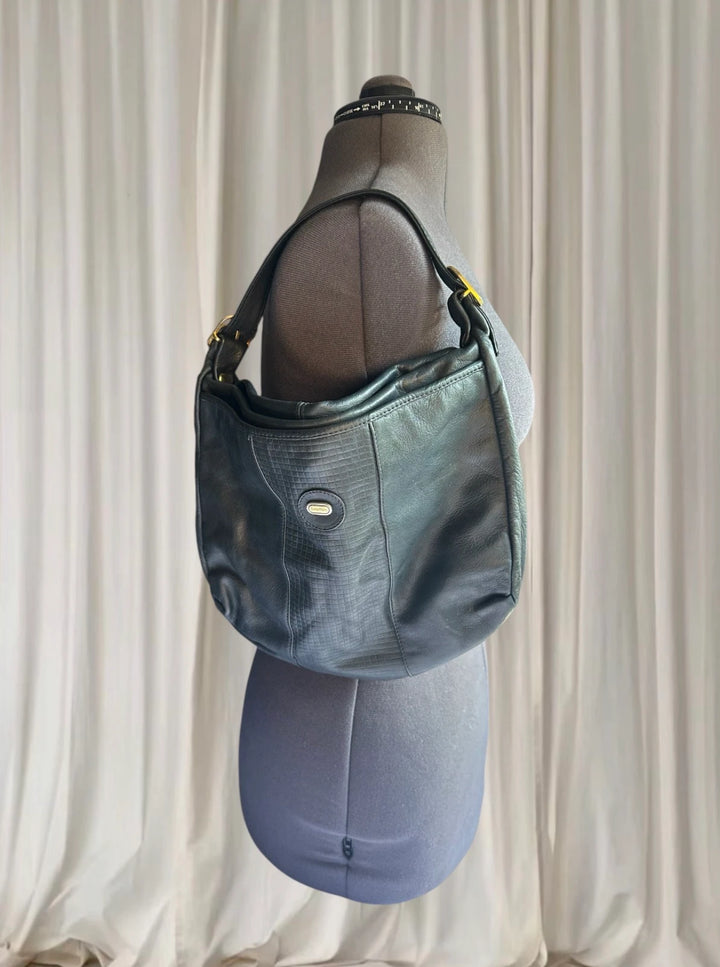 Oroton Shoulder Bag - Vintage Black Leather With Gold Tone Hardware - Image 1