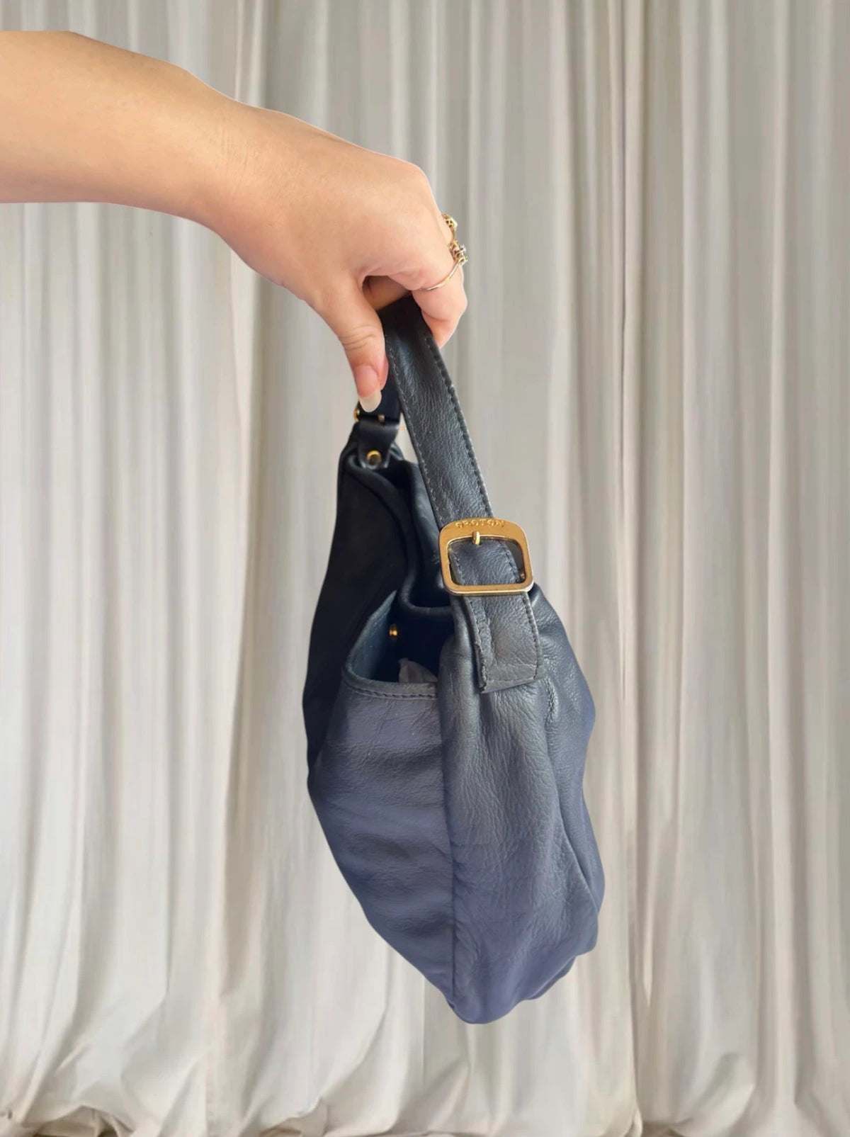 Oroton Shoulder Bag - Vintage Black Leather With Gold Tone Hardware - Image 3