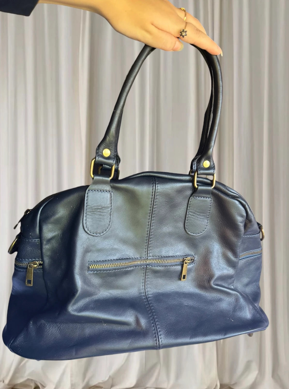 Vera Pelle Leather Satchel Handbag - Authentic Italian Made Blue Shoulder Bag - Image 2