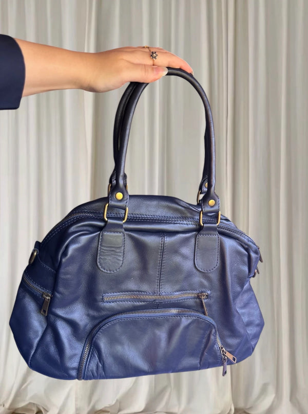 Vera Pelle Leather Satchel Handbag - Authentic Italian Made Blue Shoulder Bag - Image 1