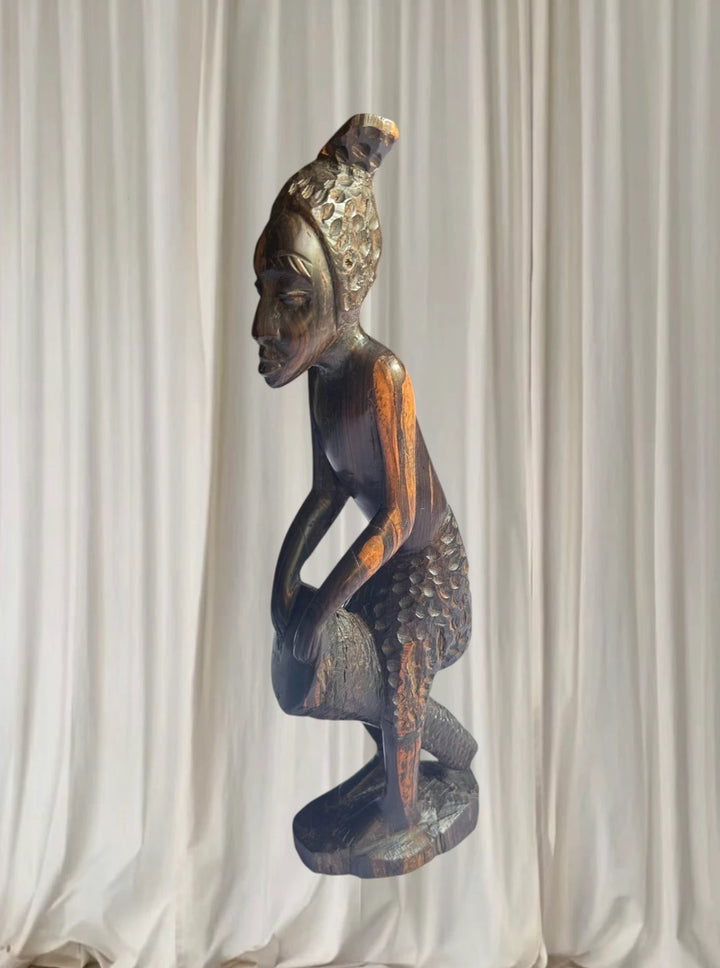 Vintage Hand-Carved African Tribal Drummer Statue - Authentic Wooden Decor - Image 1