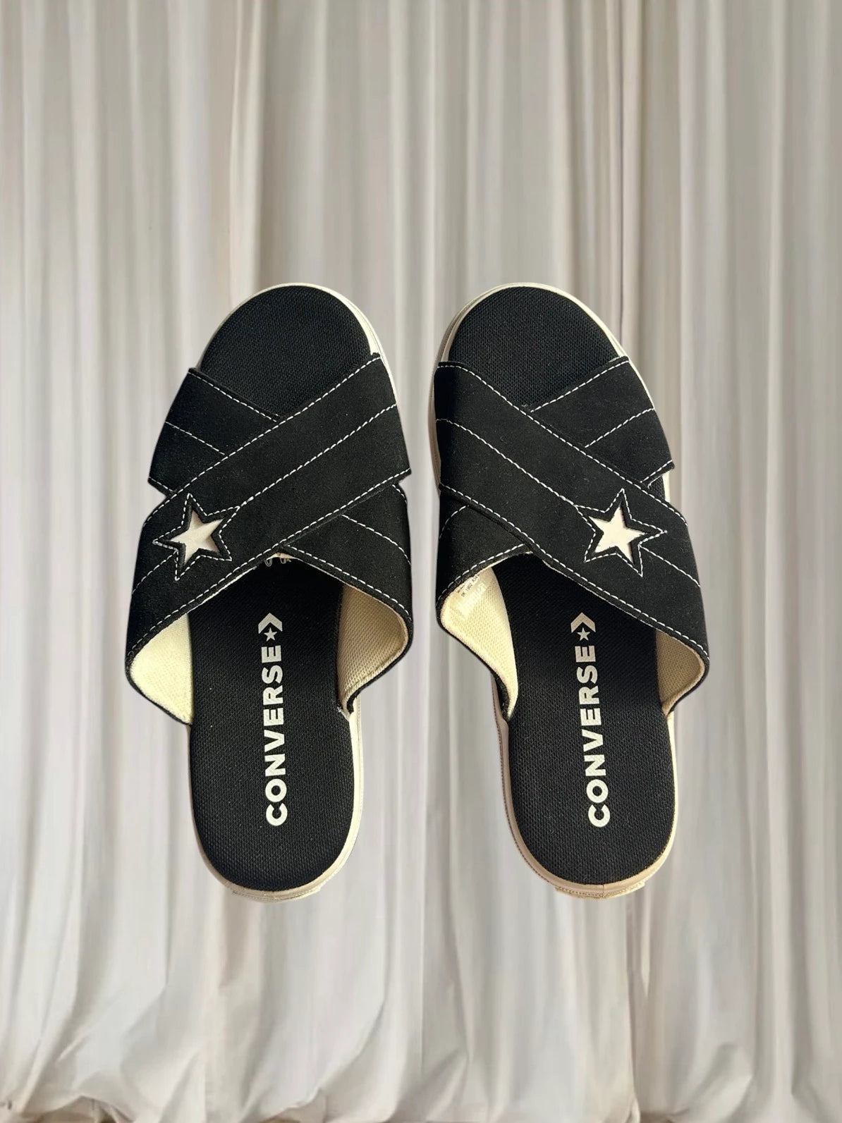 Converse One Star Cross Strap Slides - Black Canvas Sandals - Image 1